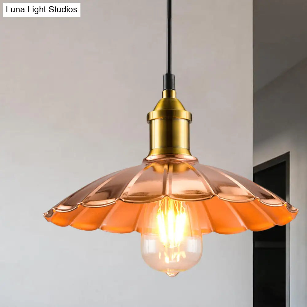 Copper Industrial Scalloped Pendant Lighting - 1 Light Metallic Hanging Lamp For Bedroom