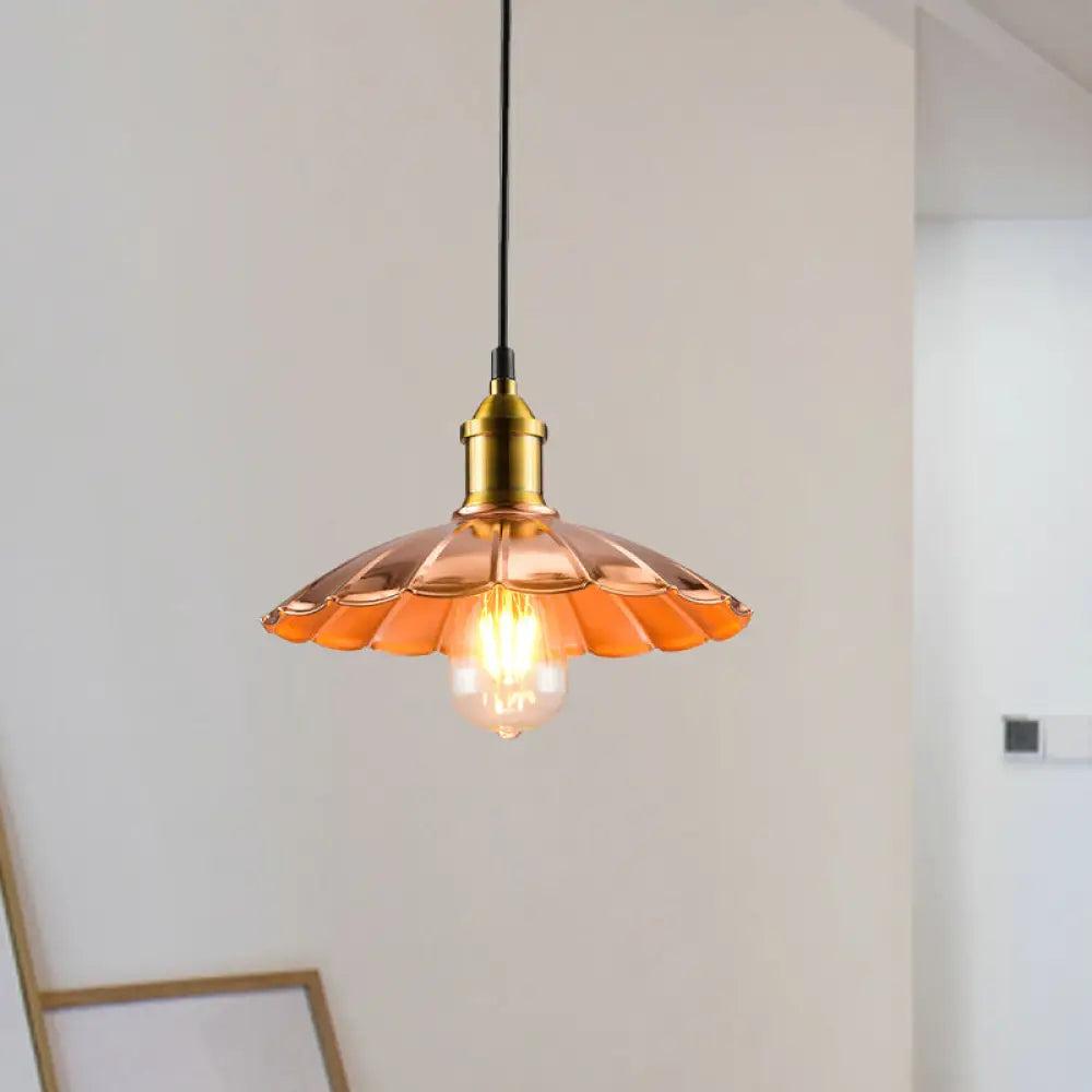 Copper Industrial Scalloped Pendant Lighting - 1 Light Metallic Hanging Lamp For Bedroom