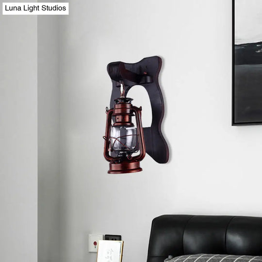 Copper Industrial Wall Sconce With Clear Glass Lantern And Wooden Backplate