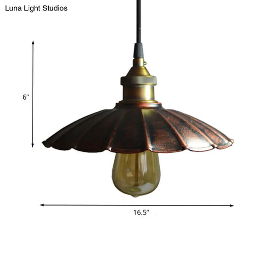 Copper Iron Ceiling Pendant Light With Antiqued Scalloped Drop Design - 1 Bulb 10’/14’/16.5’