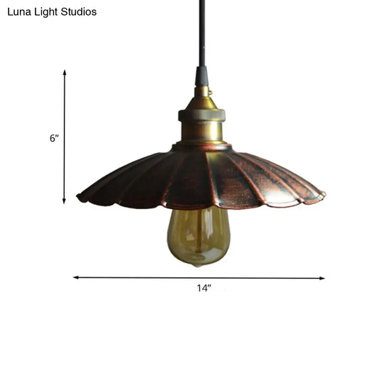 Copper Iron Ceiling Pendant Light With Antiqued Scalloped Drop Design - 1 Bulb 10’/14’/16.5’