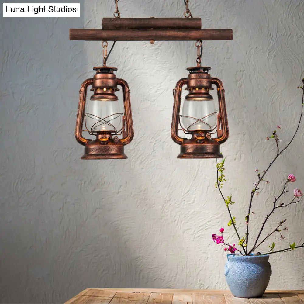 Copper Lantern Island Light With Clear Glass - 2-Bulb Kitchen Hanging Fixture