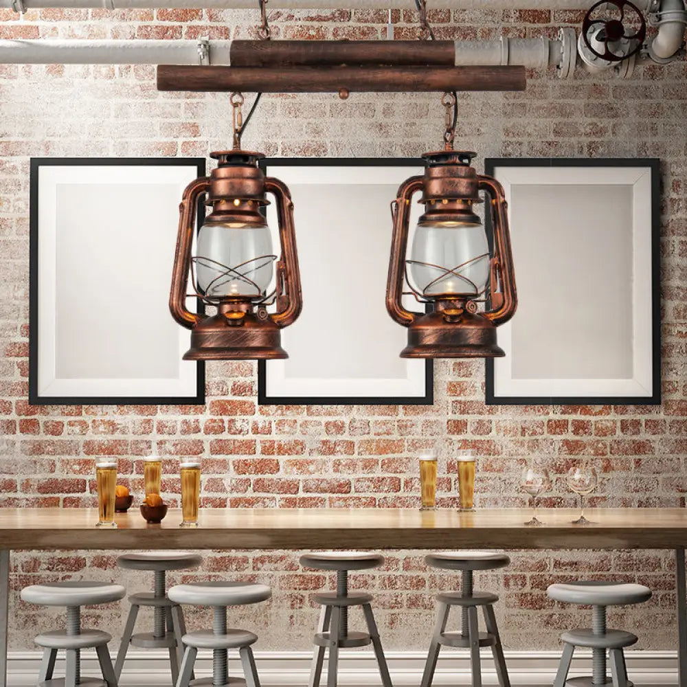 Copper Lantern Island Light With Clear Glass - 2-Bulb Kitchen Hanging Fixture