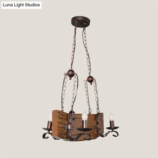 Copper Metal Pendant Lamp With Wood Beam - Island Lighting For Warehouse 4 Lights