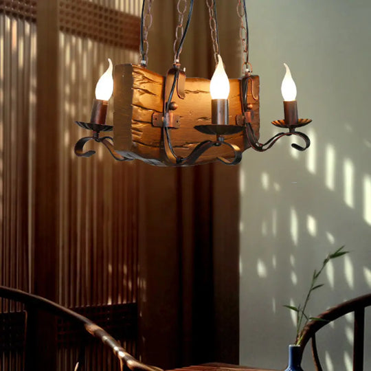 Copper Metal Pendant Lamp With Wood Beam - Island Lighting For Warehouse 4 Lights