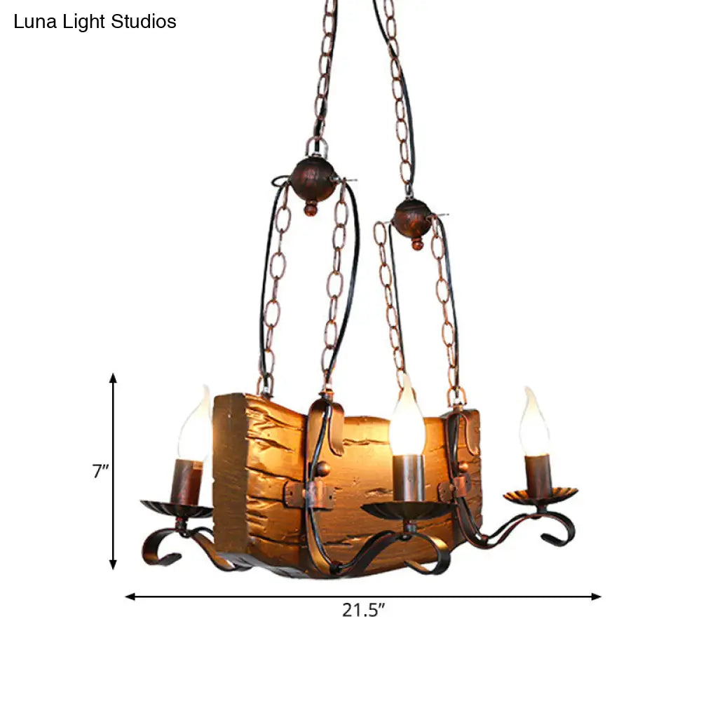 Copper Metal Pendant Lamp With Wood Beam - Island Lighting For Warehouse 4 Lights