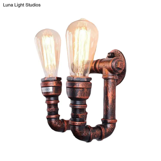 Copper Metal Wall Sconce With Antiqued Piping - 2 Lights For Stairway