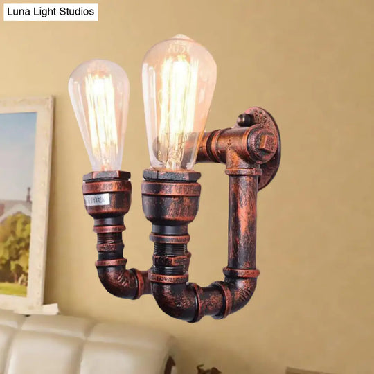 Copper Metal Wall Sconce With Antiqued Piping - 2 Lights For Stairway