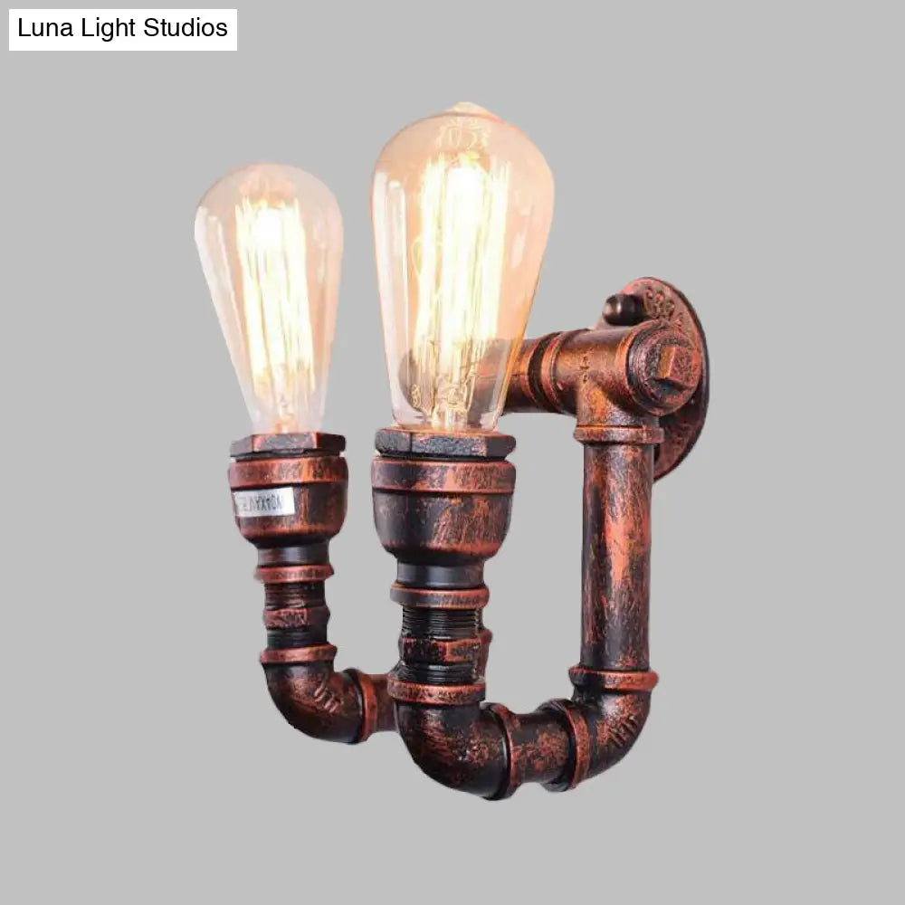 Copper Metal Wall Sconce With Antiqued Piping - 2 Lights For Stairway