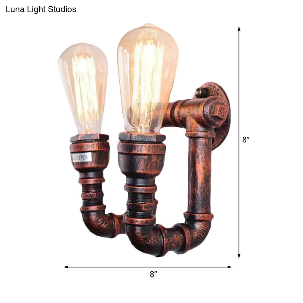 Copper Metal Wall Sconce With Antiqued Piping - 2 Lights For Stairway