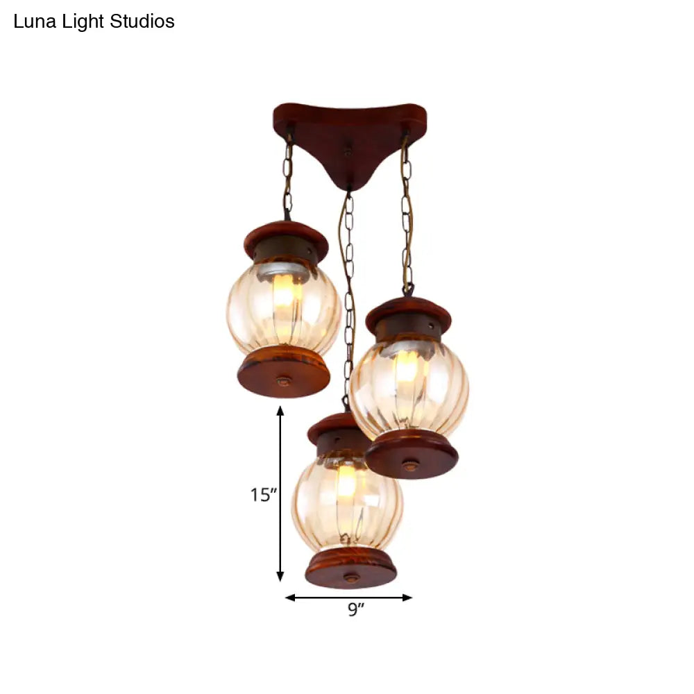 Copper Pendant Light With Tan Glass Shade - Factory Lantern Cluster Design