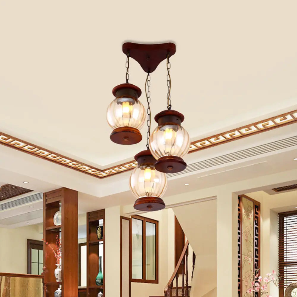 Copper Pendant Light With Tan Glass Shade - Factory Lantern Cluster Design