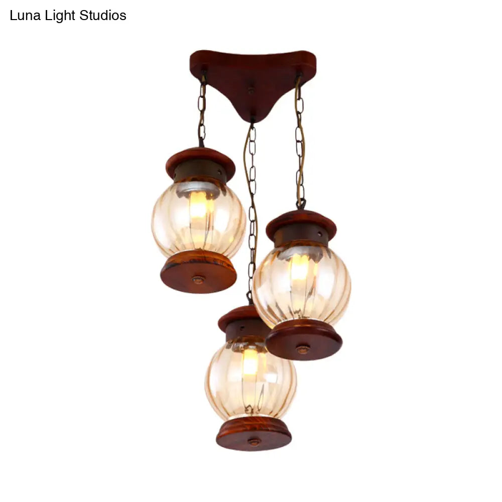 Copper Pendant Light With Tan Glass Shade - Factory Lantern Cluster Design