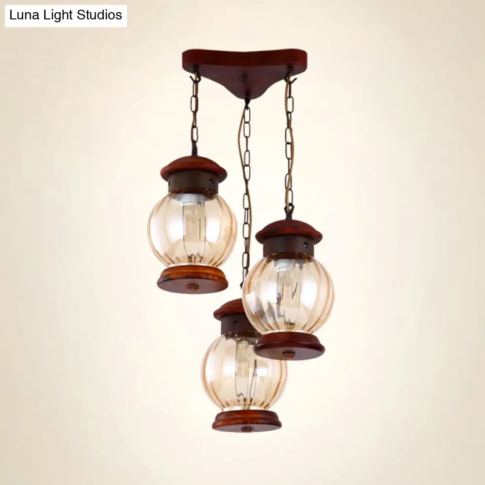 Copper Pendant Light With Tan Glass Shade - Factory Lantern Cluster Design