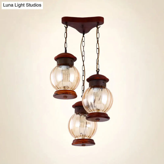 Copper Pendant Light With Tan Glass Shade - Factory Lantern Cluster Design