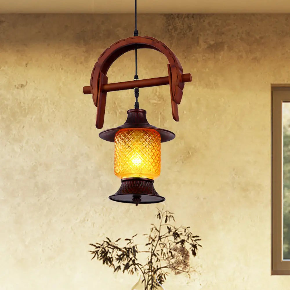 Copper Pendant Light With Yellow Grid Glass And Wood Frame