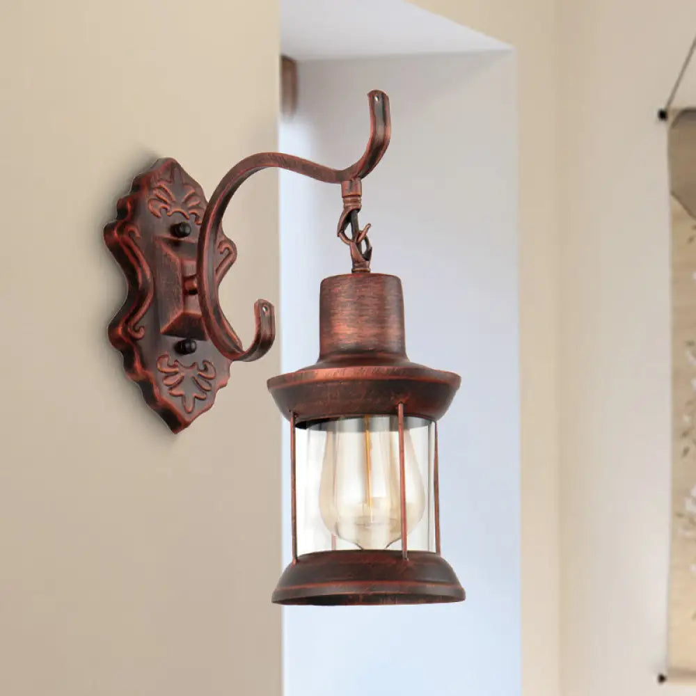 Copper Rustic Sconce Light With Clear Glass - Weathered Finish Kerosene Fixture