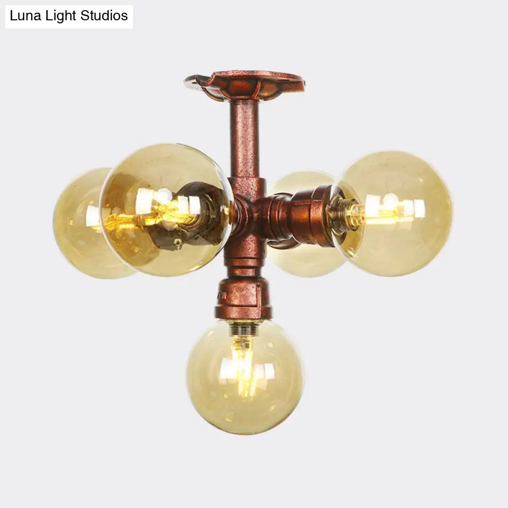 Copper Semi-Mount Led Flush Lamp In Amber Glass - Farmhouse Global Design