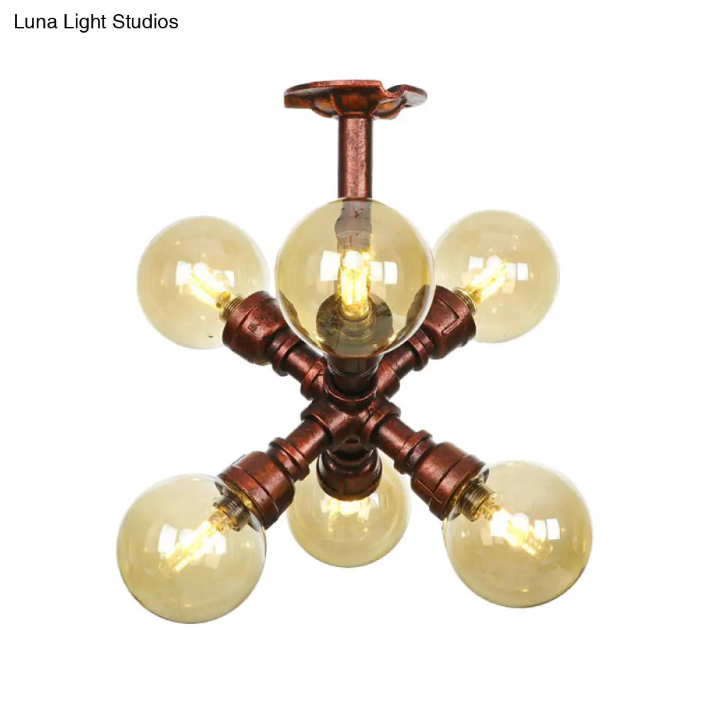 Copper Semi-Mount Led Flush Lamp In Amber Glass - Farmhouse Global Design