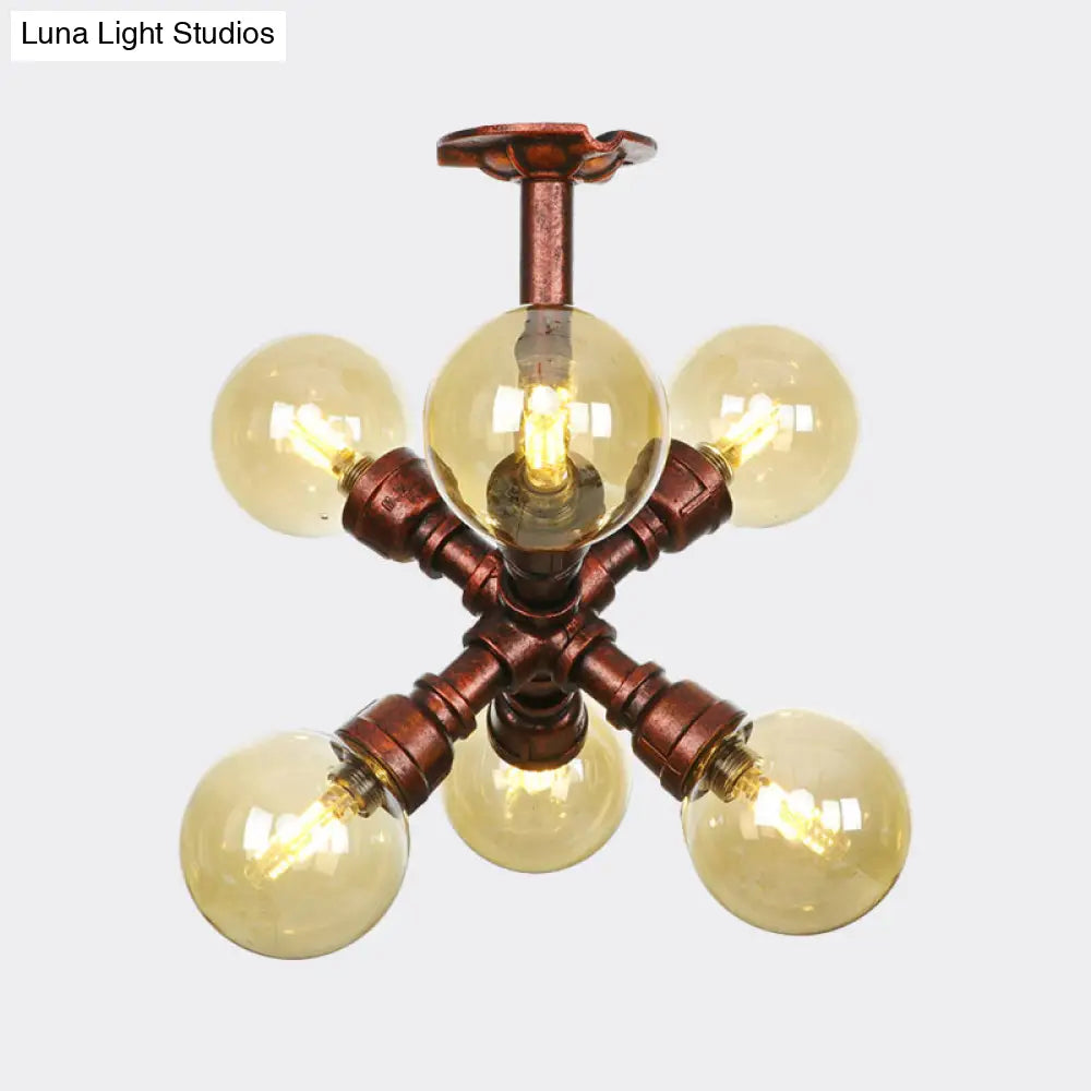 Copper Semi-Mount Led Flush Lamp In Amber Glass - Farmhouse Global Design