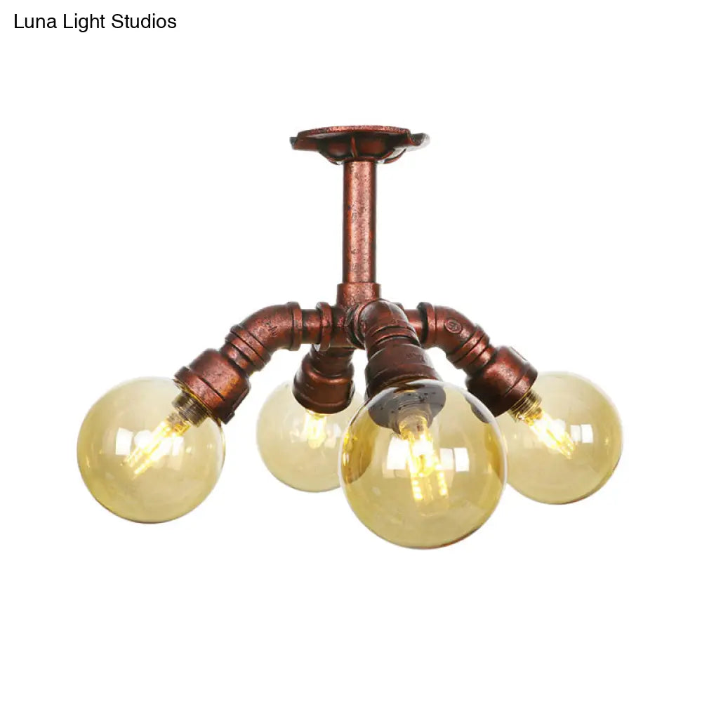 Copper Semi-Mount Led Flush Lamp In Amber Glass - Farmhouse Global Design