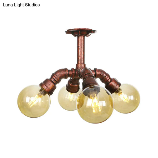 Copper Semi-Mount Led Flush Lamp In Amber Glass - Farmhouse Global Design