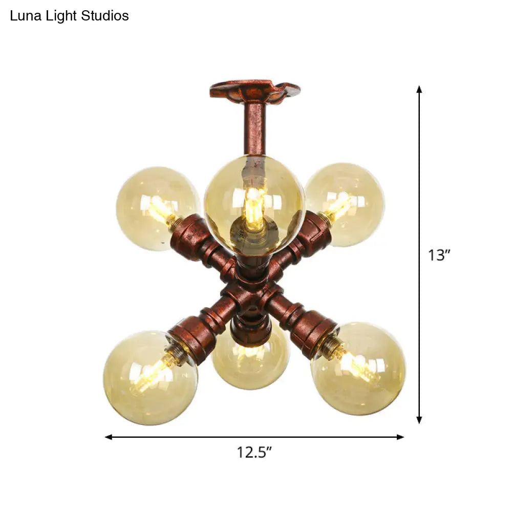 Farmhouse Global Semi Mount Lighting: 4/5/6-Light Amber Glass Led Flush Lamp In Copper