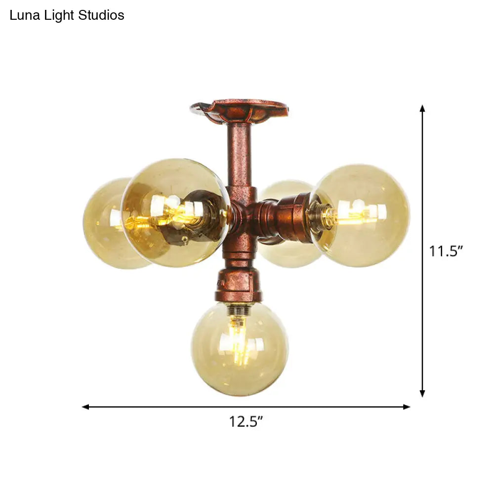 Farmhouse Global Semi Mount Lighting: 4/5/6-Light Amber Glass Led Flush Lamp In Copper