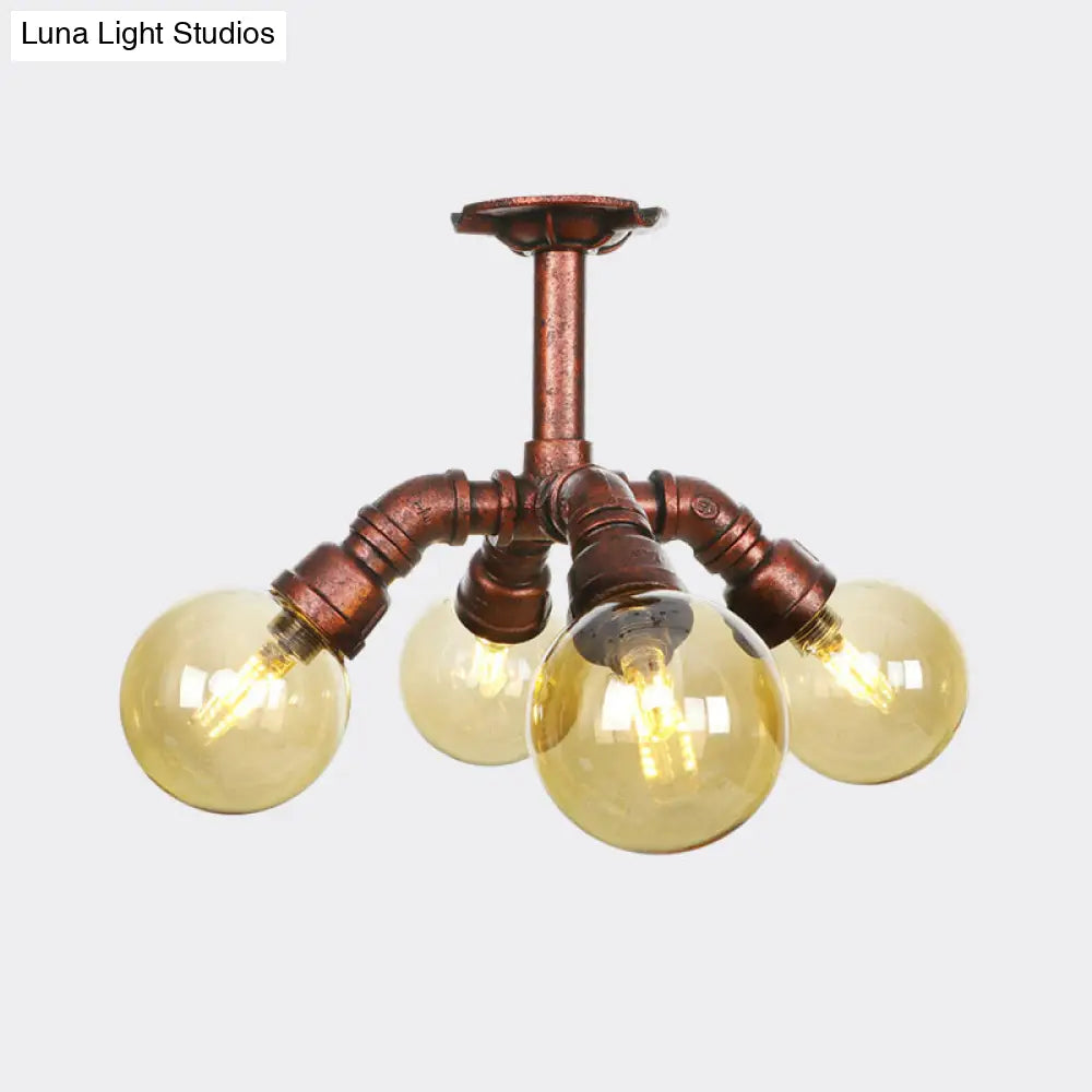 Copper Semi-Mount Led Flush Lamp In Amber Glass - Farmhouse Global Design