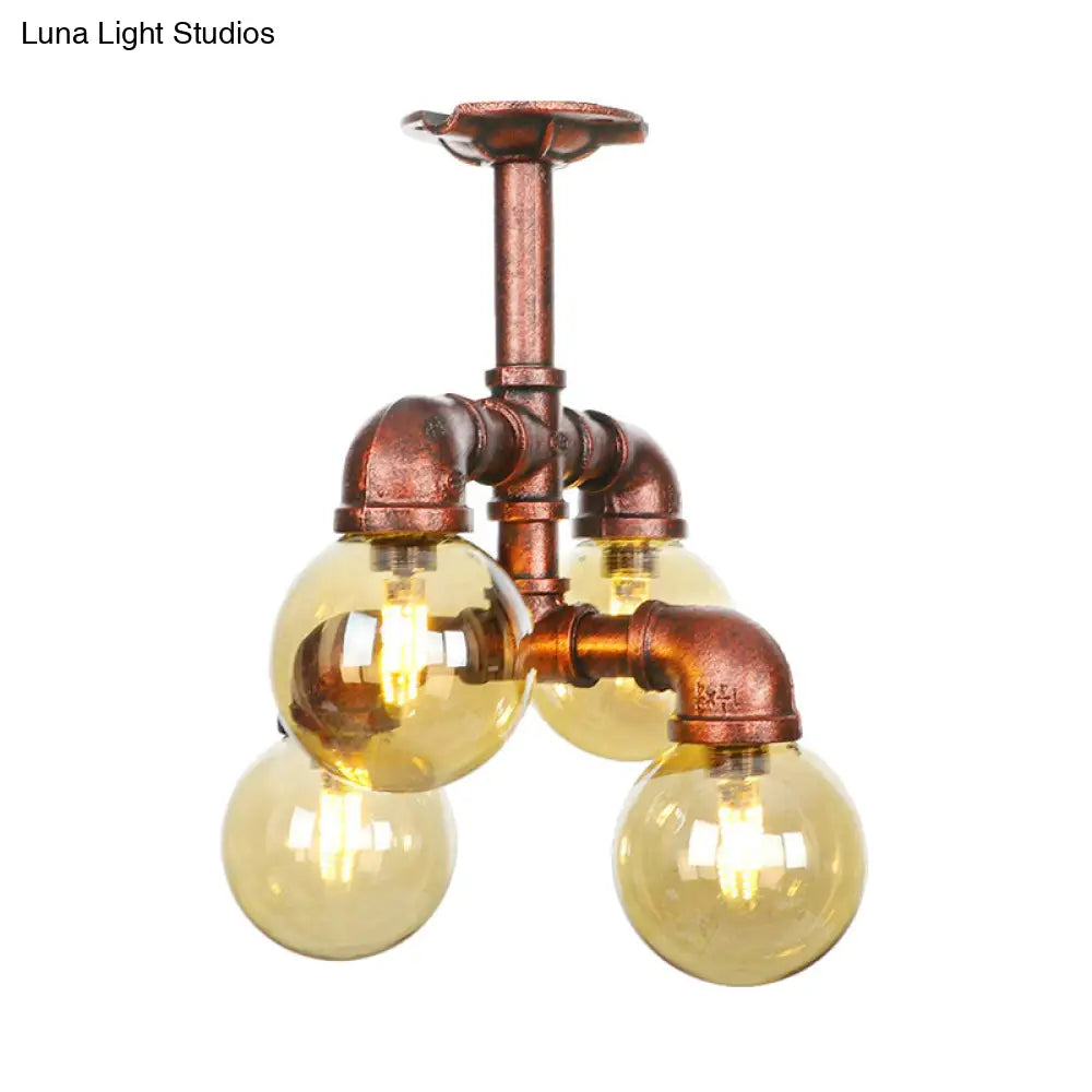 Copper Semi-Mount Led Flush Lamp In Amber Glass - Farmhouse Global Design