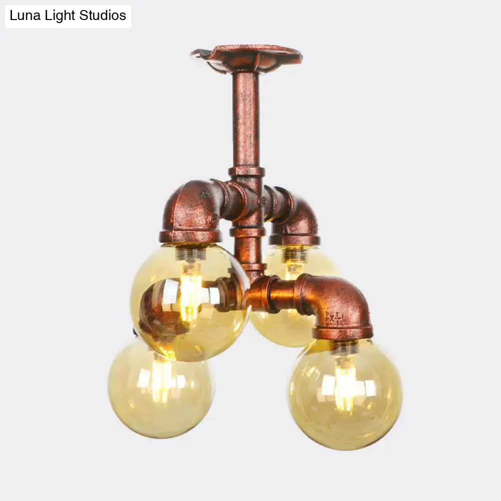 Farmhouse Global Semi Mount Lighting: 4/5/6-Light Amber Glass Led Flush Lamp In Copper