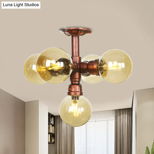 Copper Semi-Mount Led Flush Lamp In Amber Glass - Farmhouse Global Design