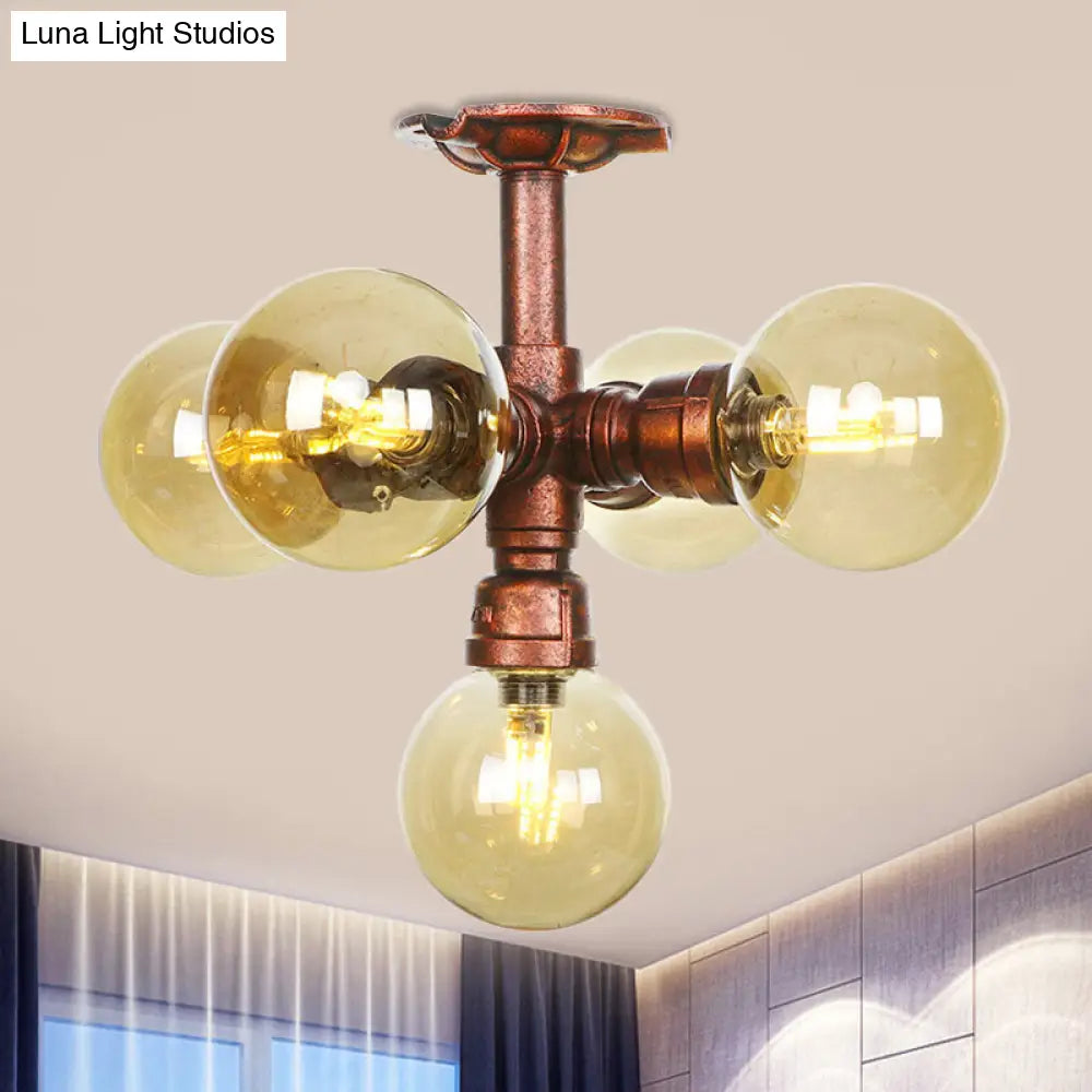 Farmhouse Global Semi Mount Lighting: 4/5/6-Light Amber Glass Led Flush Lamp In Copper / C