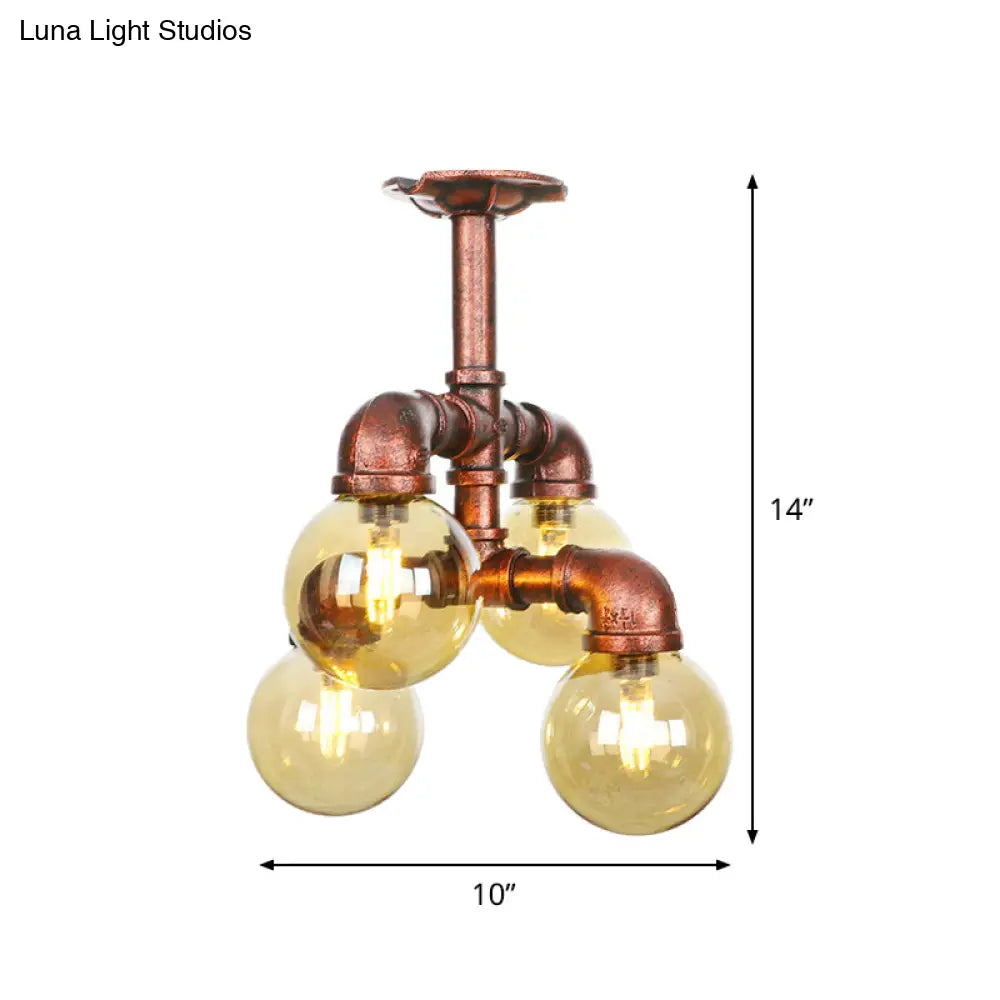 Copper Semi-Mount Led Flush Lamp In Amber Glass - Farmhouse Global Design