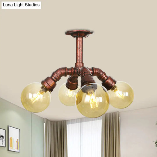 Farmhouse Global Semi Mount Lighting: 4/5/6-Light Amber Glass Led Flush Lamp In Copper