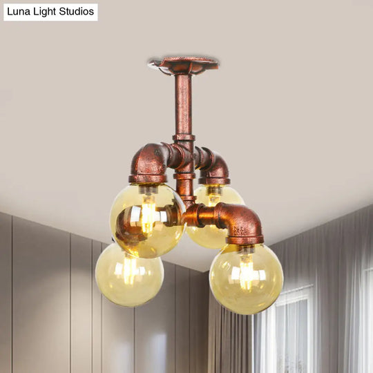 Farmhouse Global Semi Mount Lighting: 4/5/6-Light Amber Glass Led Flush Lamp In Copper / A