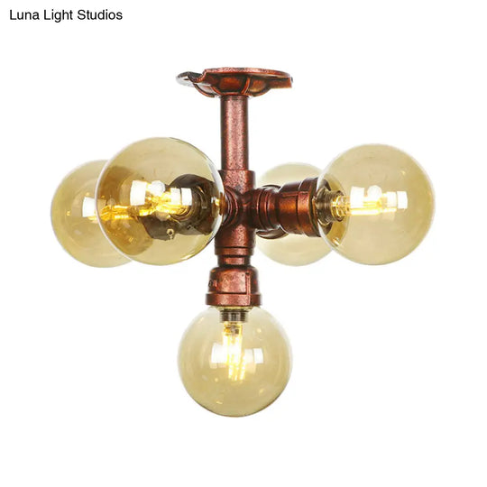 Farmhouse Global Semi Mount Lighting: 4/5/6-Light Amber Glass Led Flush Lamp In Copper