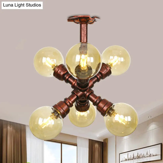 Farmhouse Global Semi Mount Lighting: 4/5/6-Light Amber Glass Led Flush Lamp In Copper / D