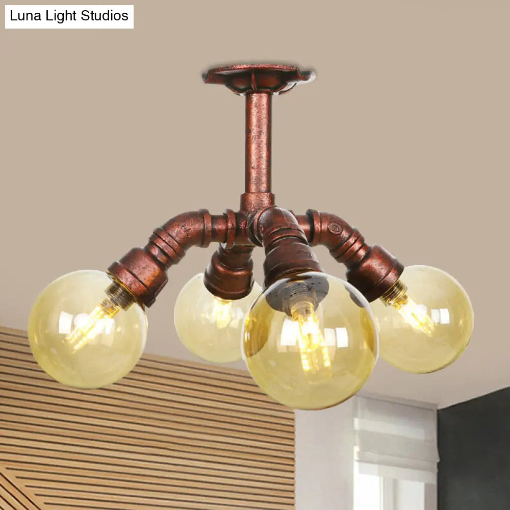 Farmhouse Global Semi Mount Lighting: 4/5/6-Light Amber Glass Led Flush Lamp In Copper / B