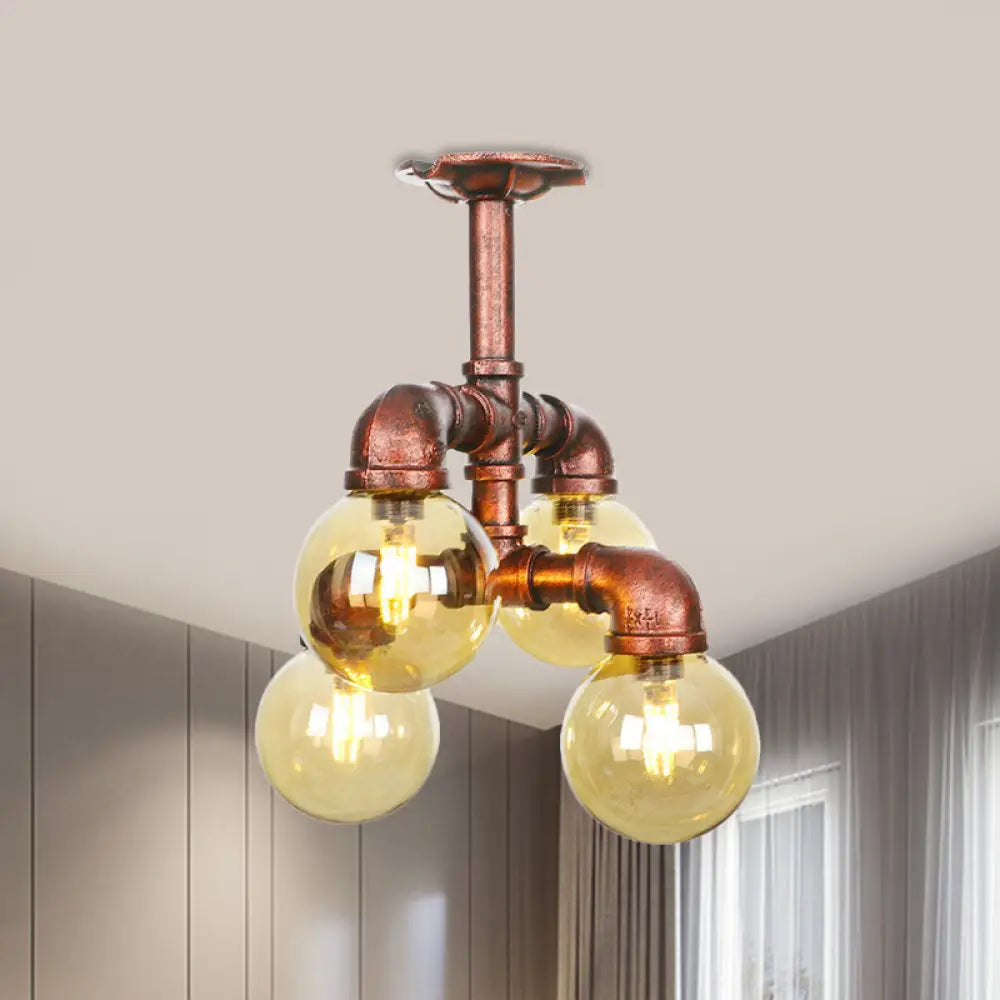 Copper Semi-Mount Led Flush Lamp In Amber Glass - Farmhouse Global Design / A