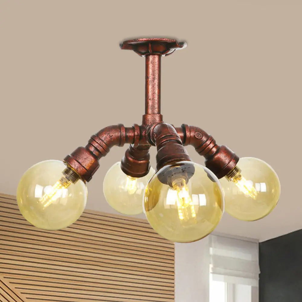 Copper Semi-Mount Led Flush Lamp In Amber Glass - Farmhouse Global Design / B