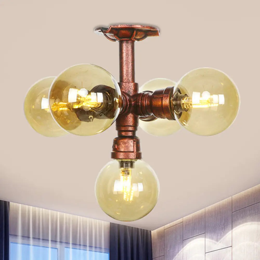 Copper Semi-Mount Led Flush Lamp In Amber Glass - Farmhouse Global Design / C