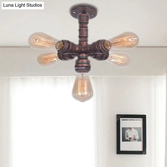 Copper Sputnik Semi Mount Ceiling Lamp With Water Pipe Farmhouse Wrought Iron - 5 Bulbs