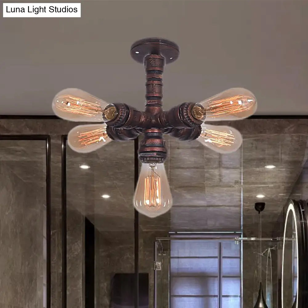 Copper Sputnik Semi Mount Ceiling Lamp With Water Pipe Farmhouse Wrought Iron - 5 Bulbs