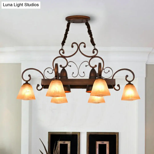 Copper Swirled Arm Chandelier With Bell Beige Glass Shade - Classic Dining Room Pendant Light