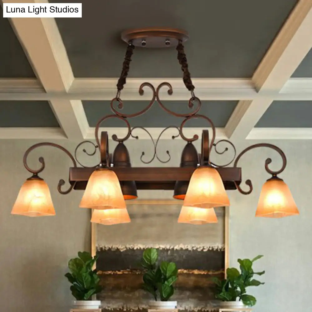 Copper Swirled Arm Chandelier With Bell Beige Glass Shade - Classic Dining Room Pendant Light