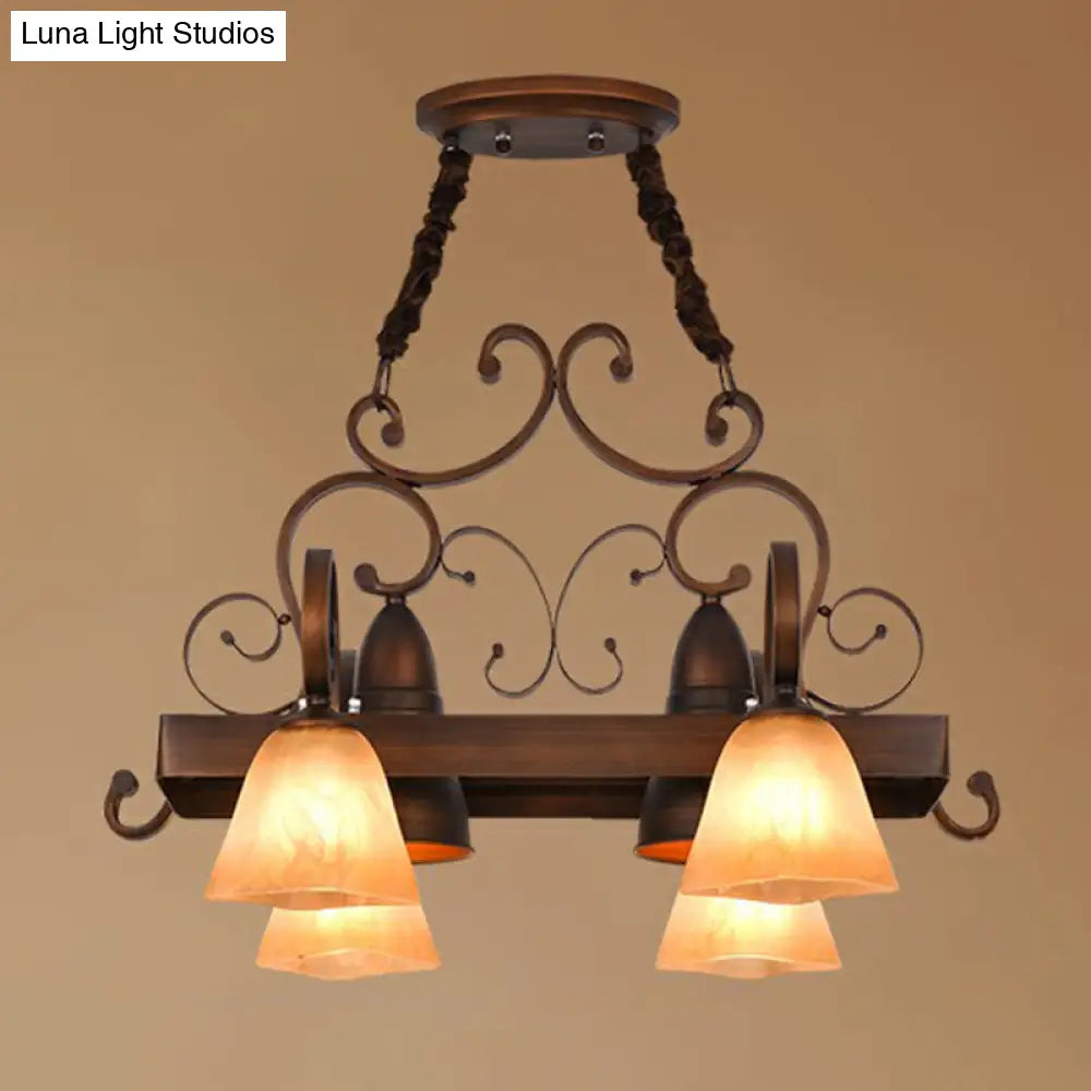 Copper Swirled Arm Chandelier With Bell Beige Glass Shade - Classic Dining Room Pendant Light