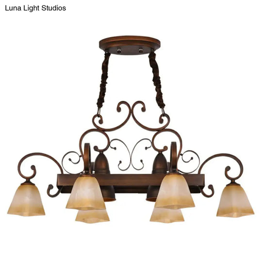 Copper Swirled Arm Chandelier With Bell Beige Glass Shade - Classic Dining Room Pendant Light