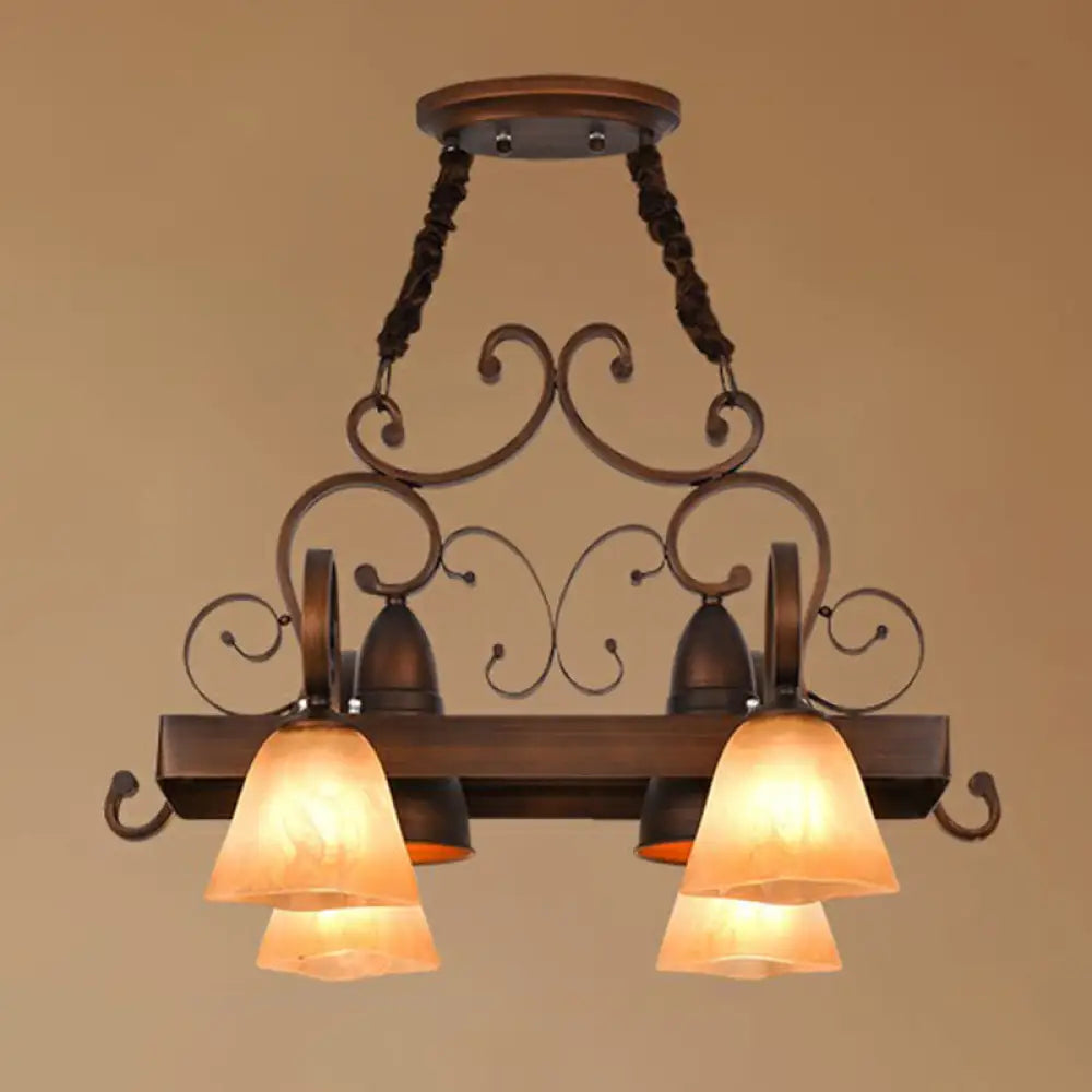 Copper Swirled Arm Chandelier With Bell Beige Glass Shade - Classic Dining Room Pendant Light 6 /