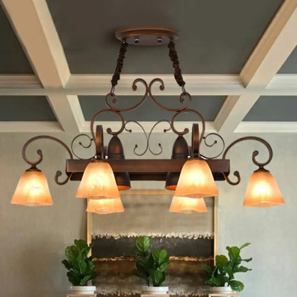 Copper Swirled Arm Chandelier With Bell Beige Glass Shade - Classic Dining Room Pendant Light 8 /